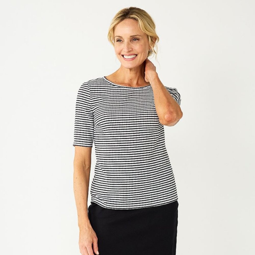 NEW Croft and Barrow Crinkle Knit Top Gingham Plaid Women's Size Small Petite PS